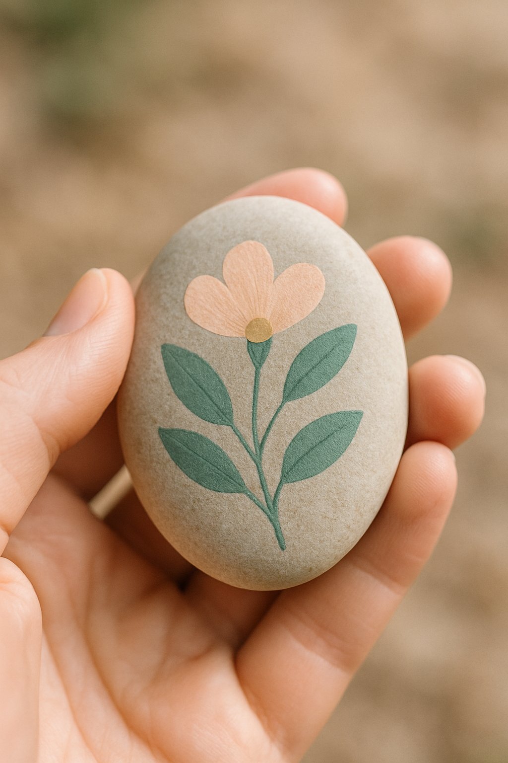 A hand holding a smooth river rock painted with a simple design.