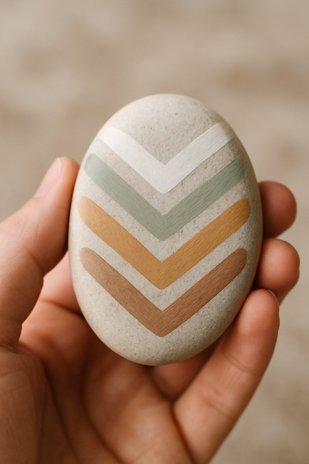 A hand holding a smooth river rock painted with chevron stripes.