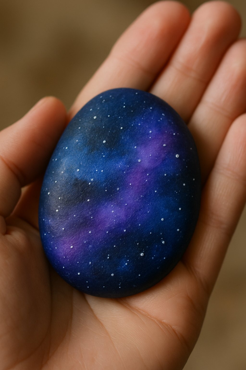 A hand holding a smooth river rock painted with a galaxy design.