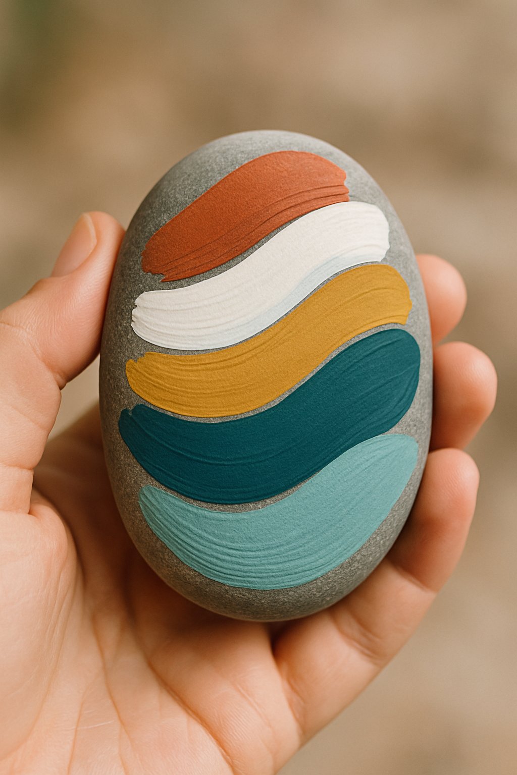 A hand holding a smooth river rock painted with abstract brush stroke patterns.