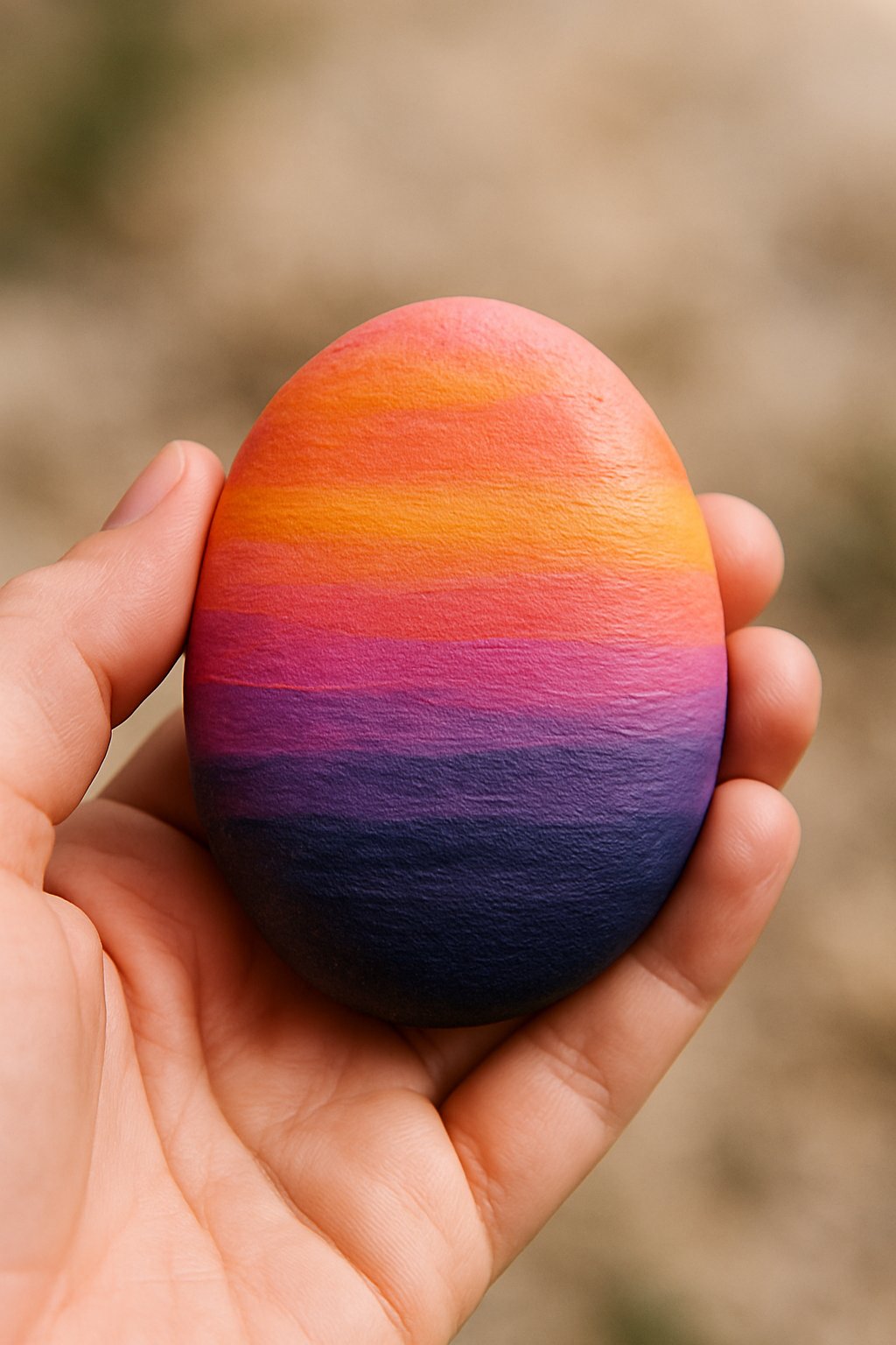 A hand holding a smooth river rock painted with a sunset gradient design.
