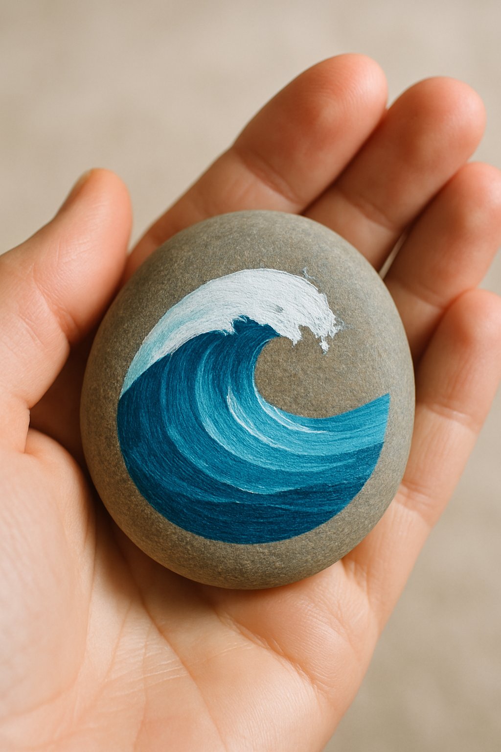 A hand holding a smooth river rock painted with a blue and white ocean wave design.