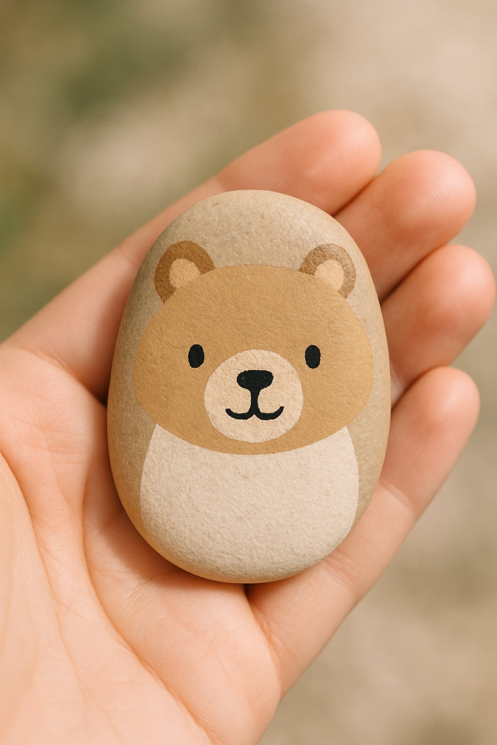 Hand holding a smooth river rock painted with a simple cute animal face.