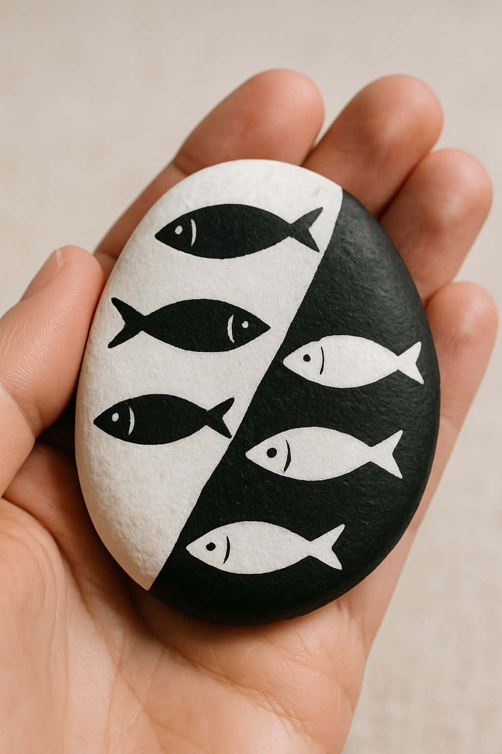 A hand holding a smooth river rock painted with black and white fish silhouettes.
