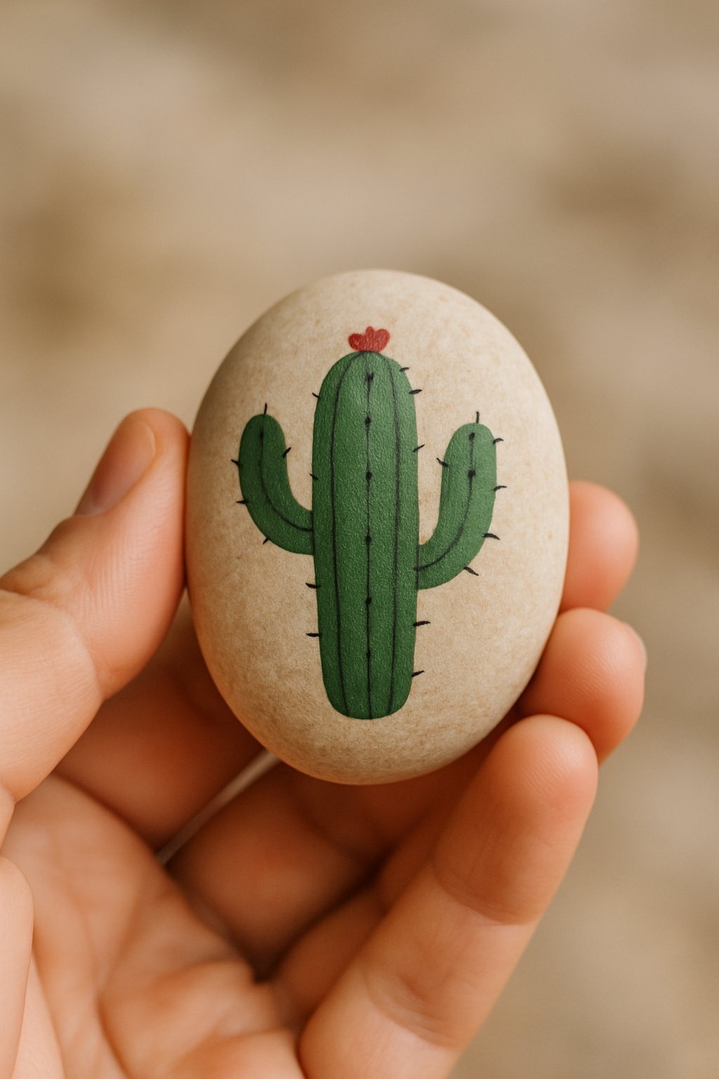 A hand holding a smooth river rock painted with a small green cactus design.