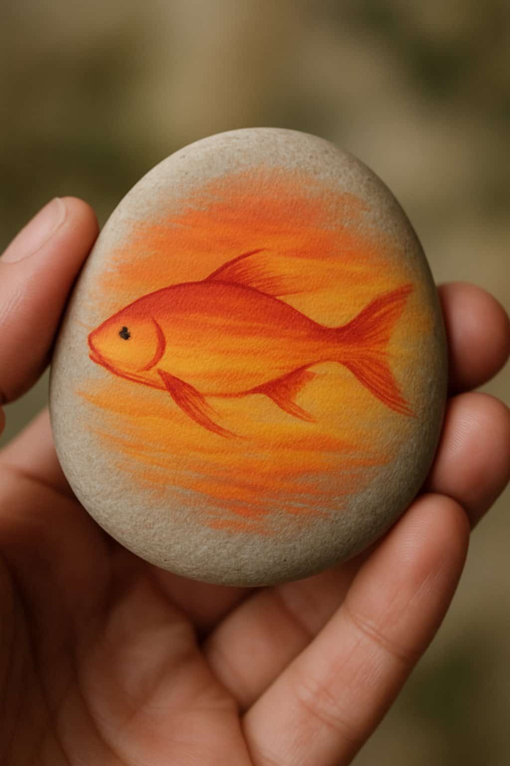 A hand holding a smooth river rock painted with a simple fish design in warm orange and red colors.