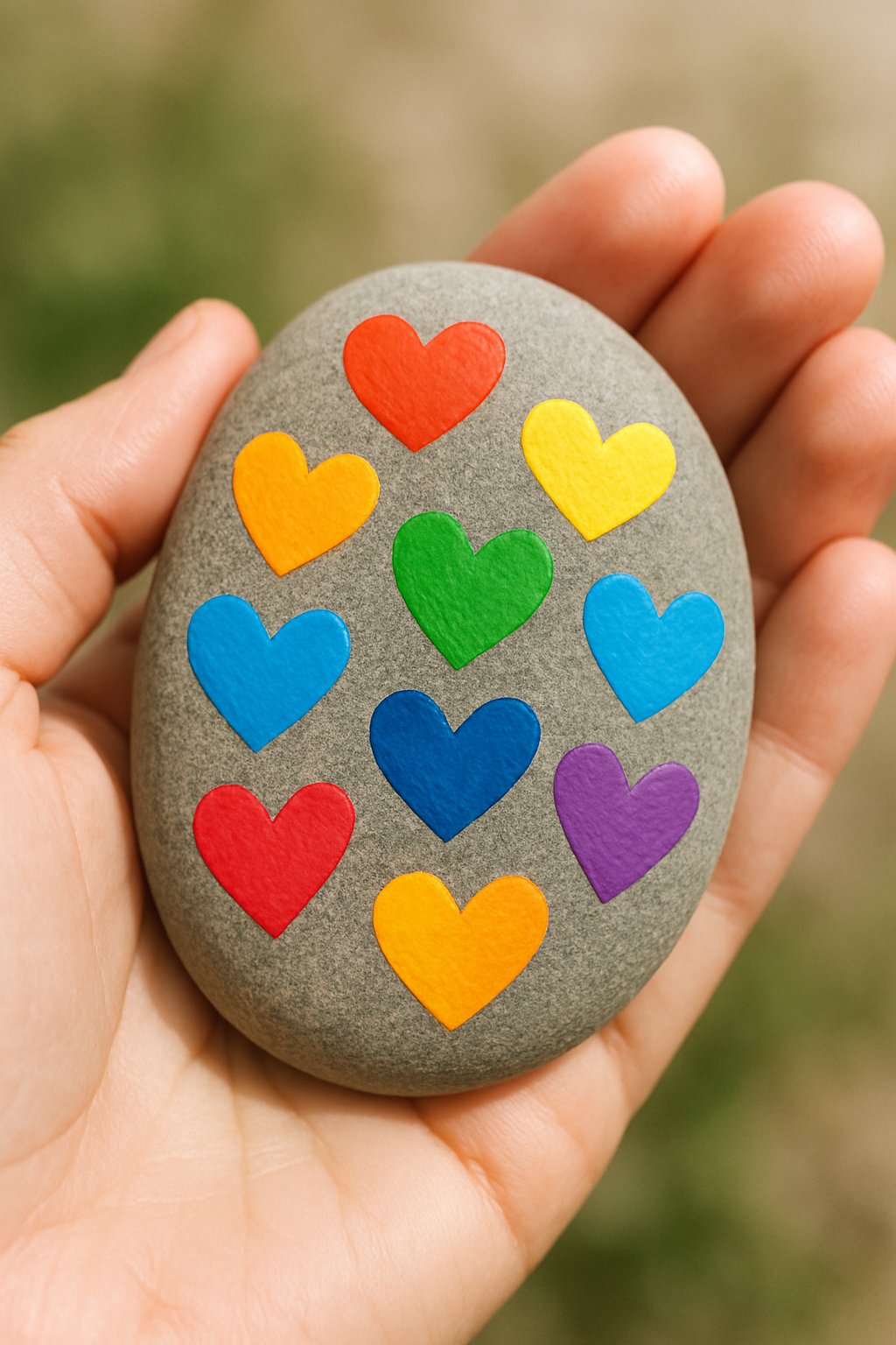 A hand holding a smooth river rock painted with colorful heart-shaped designs.