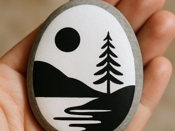 A hand holds a smooth stone painted with a minimalist black and white landscape, featuring a tree, hills, a river, and a sun or moon in the sky.