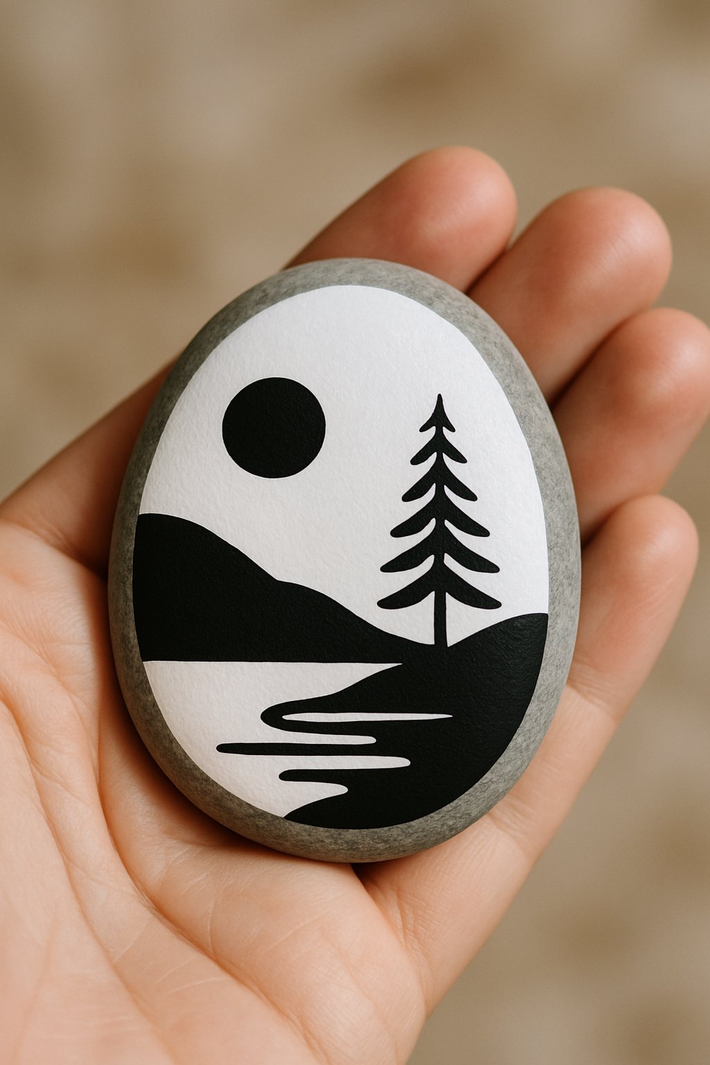 A hand holding a smooth painted rock with black and white designs against a blurred background.