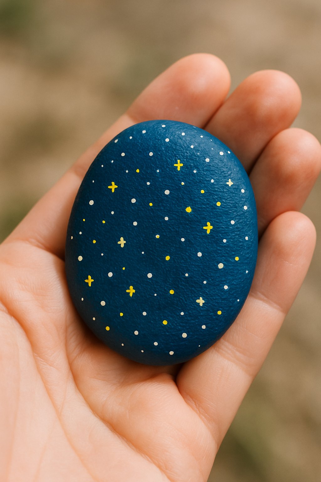 A hand holding a smooth painted river rock with a starry night sky design.
