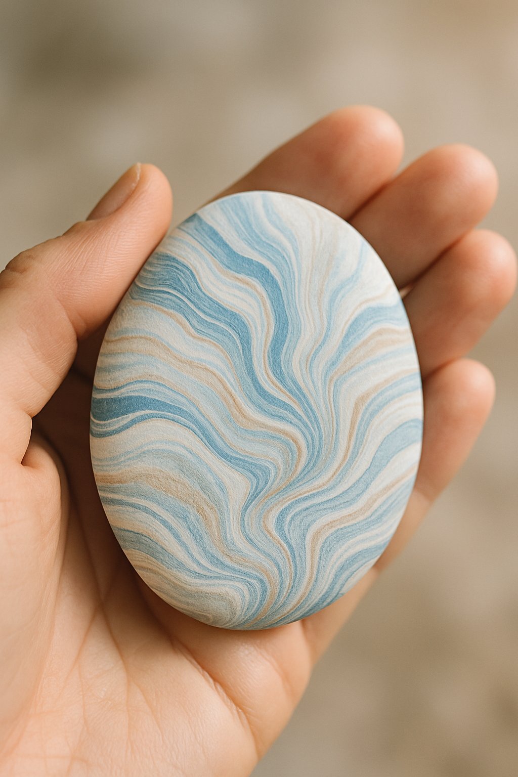 A hand holding a smooth painted river rock with marbled patterns.