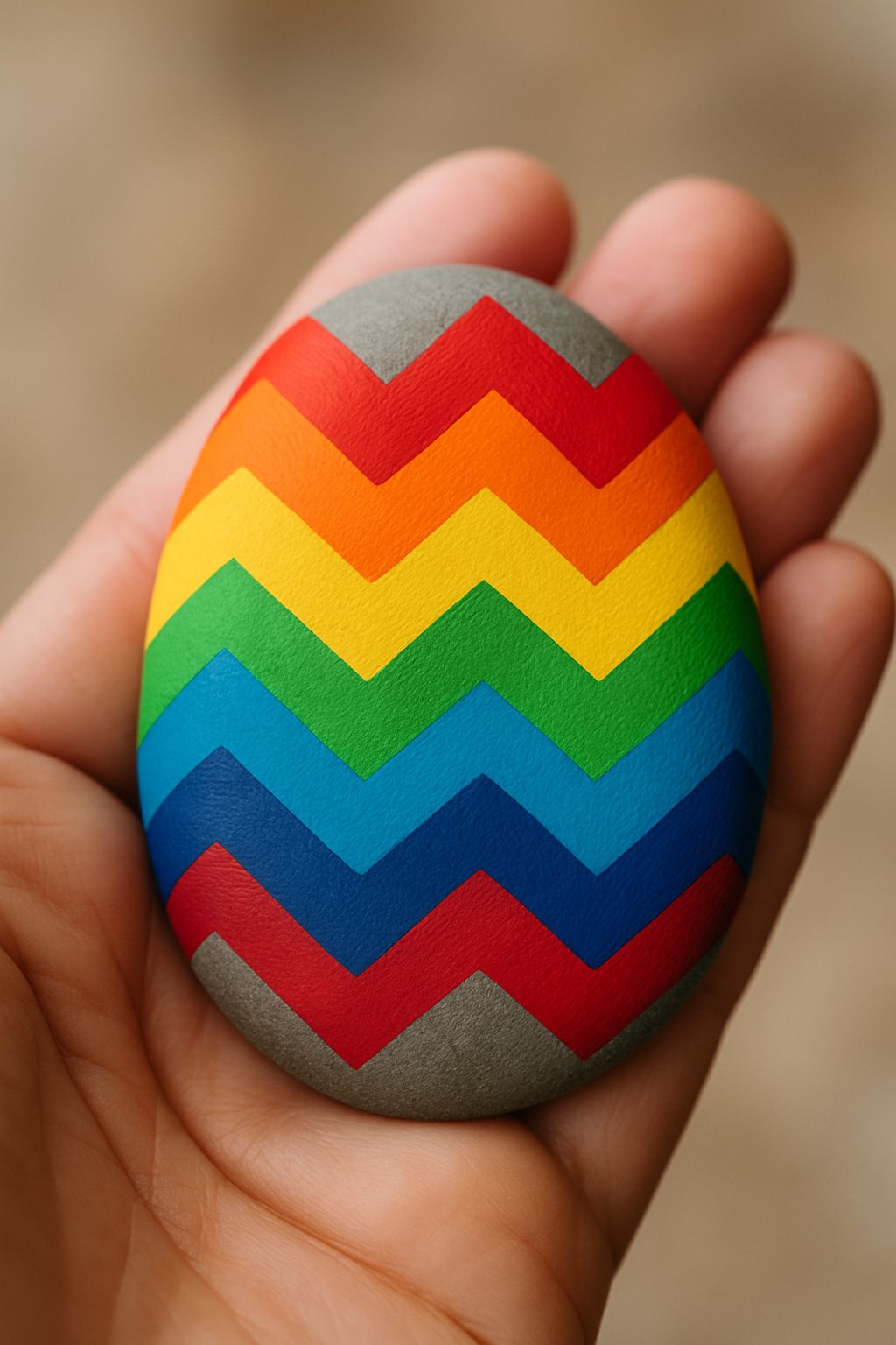 A hand holding a smooth river rock painted with bold zigzag stripes.