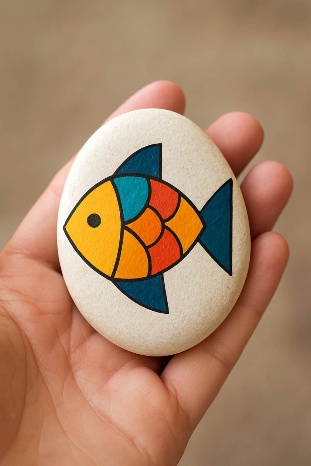 A hand holding a smooth river rock painted with an abstract fish design made of geometric patterns.
