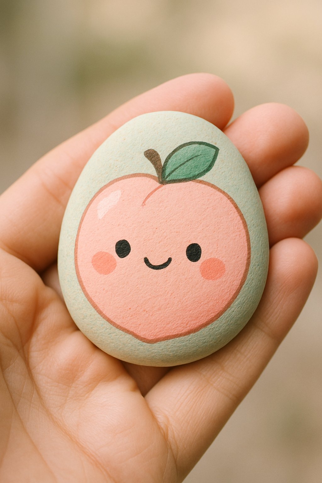 A hand holding a smooth painted rock with a cute food-inspired design against a softly blurred background.