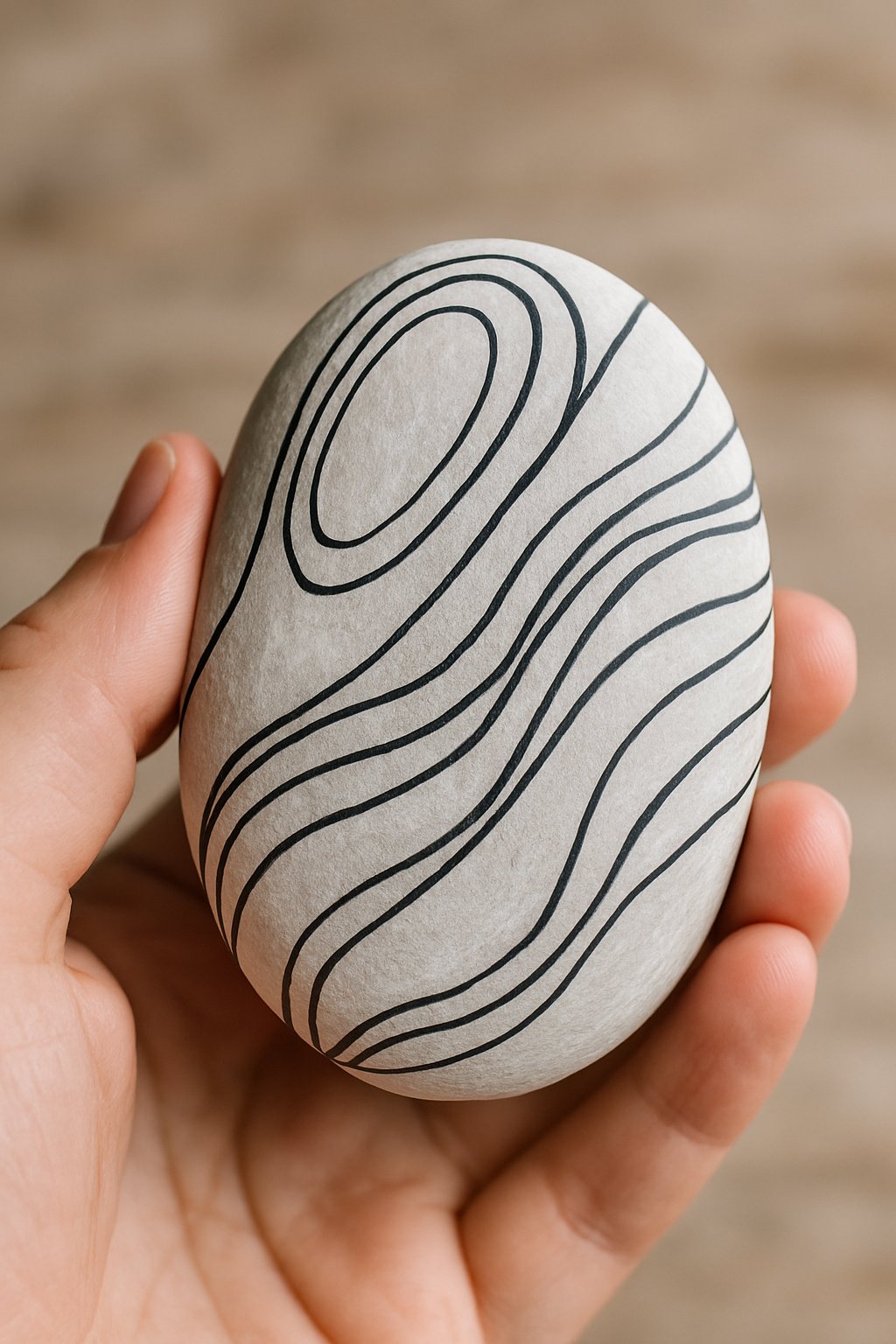 A hand holding a smooth painted river rock with a simple line art design.