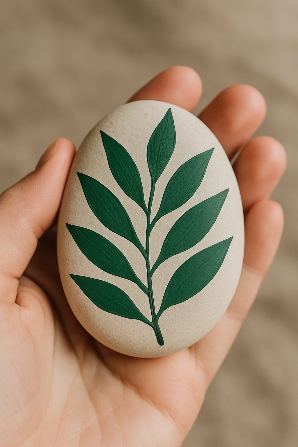 A hand holding a smooth river rock painted with a tropical leaf design.