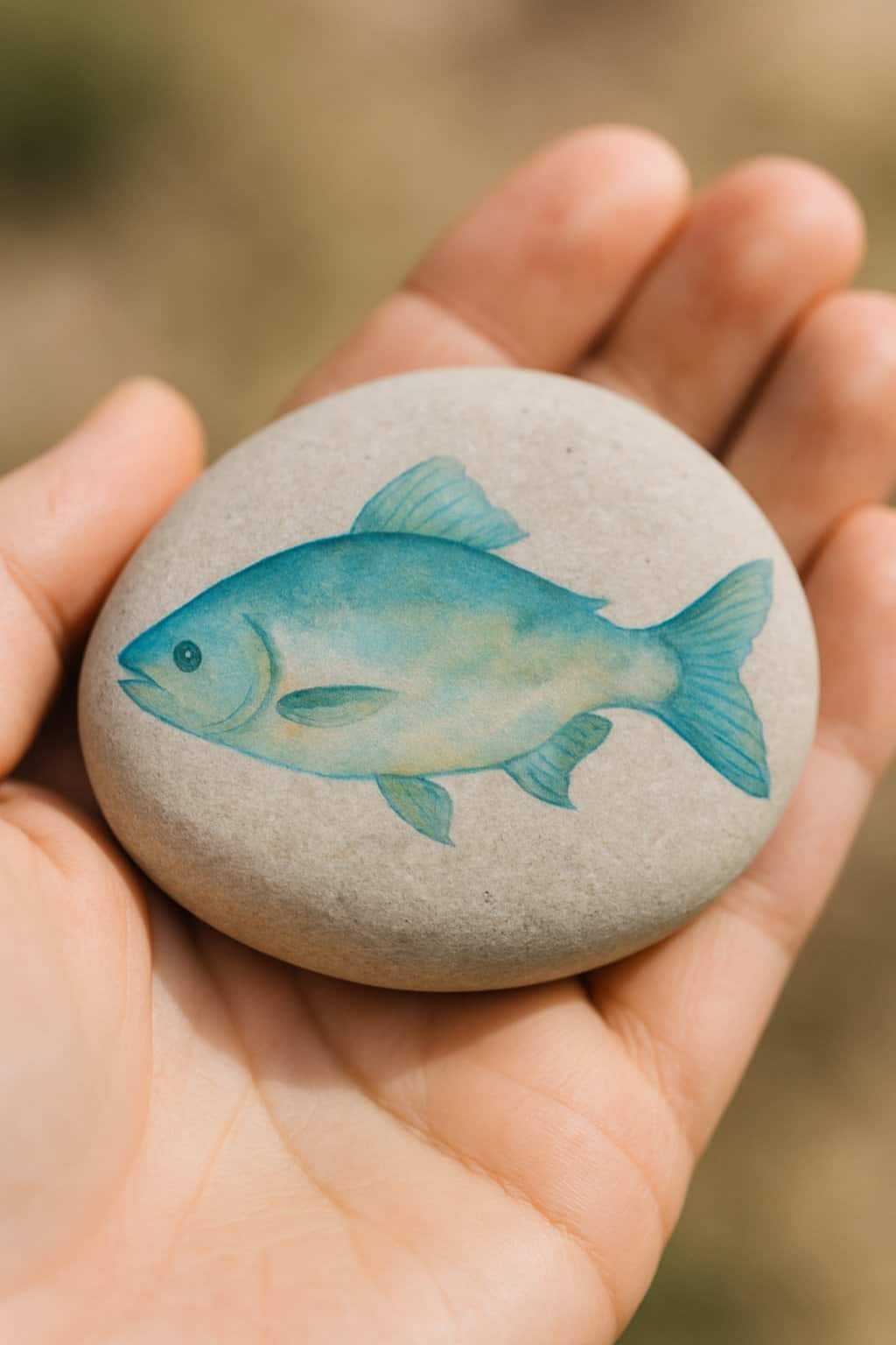 A hand holding a smooth river rock painted with a colorful fish design.