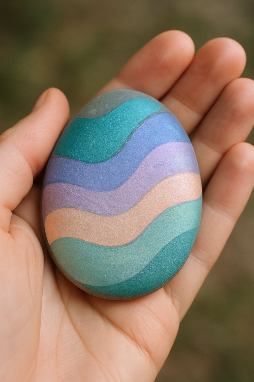 A hand holding a smooth painted river rock with a shimmering surface.