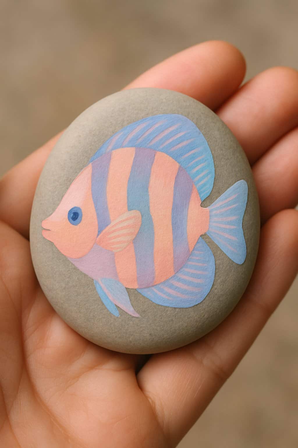 A hand holding a smooth river rock painted with a pastel-colored coral reef fish design.