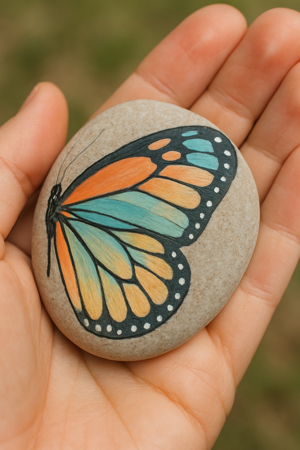 A hand holding a smooth river rock painted with a butterfly wing pattern.