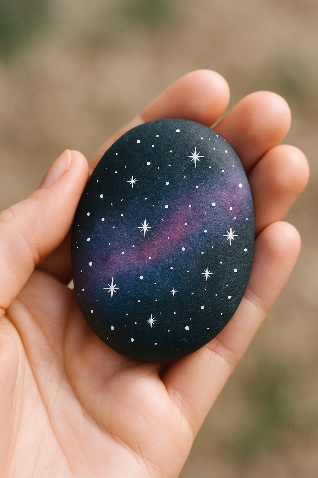 A hand holding a smooth river rock painted with tiny galaxy dots and stars.