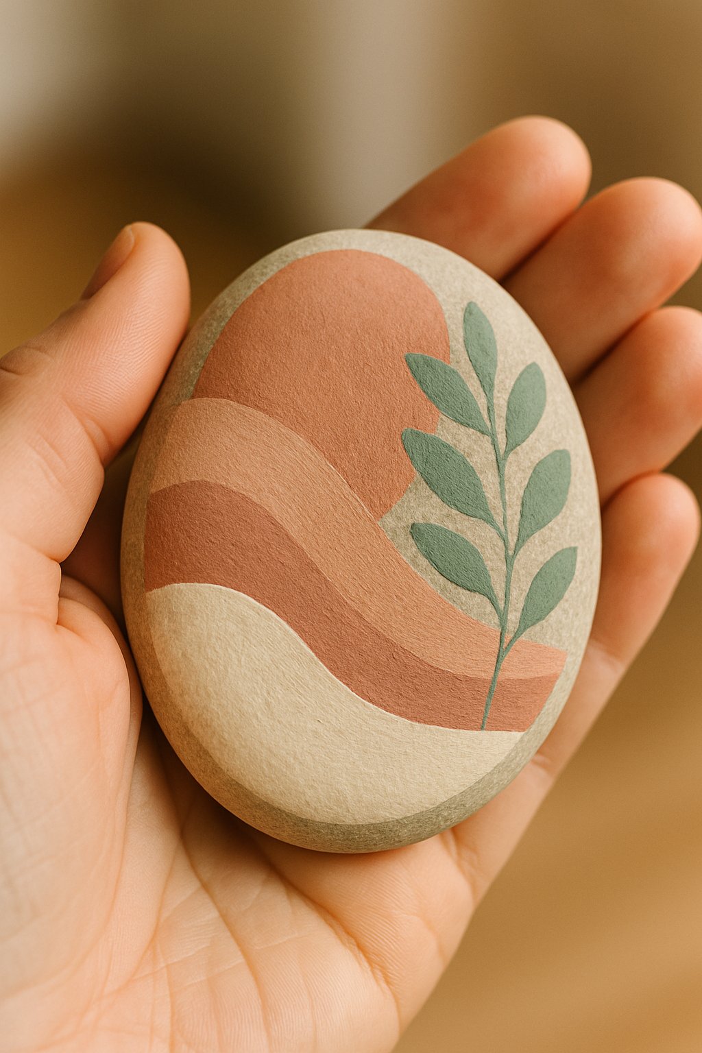 A hand holding a smooth painted river rock with a simple design.