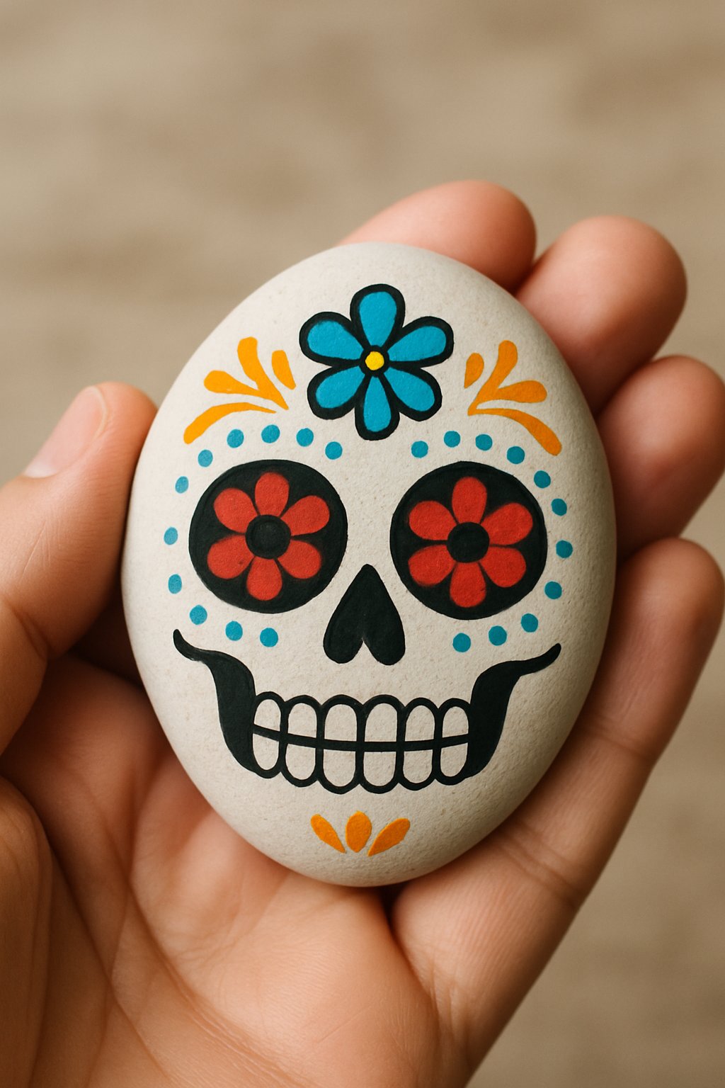 A hand holding a smooth river rock painted with a simple sugar skull design.