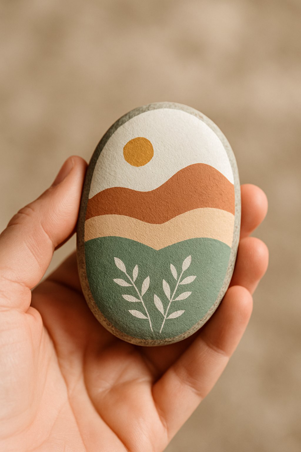 A hand holding a smooth river rock painted with a simple design.
