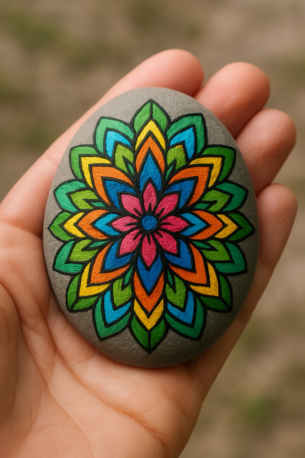 A hand holding a smooth painted river rock with a colorful kaleidoscope pattern.