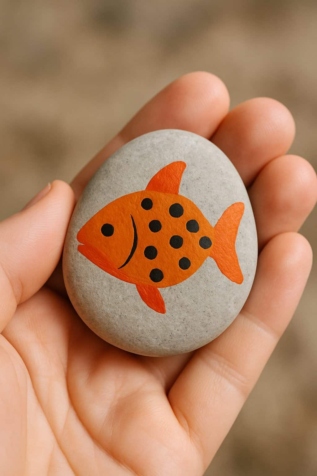 A hand holding a smooth river rock painted with an orange fish with black spots.