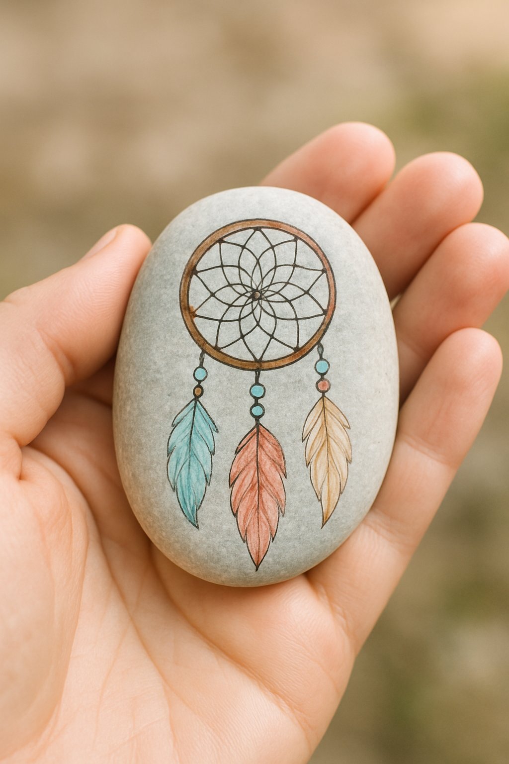 A hand holding a smooth river rock painted with a dreamcatcher design.