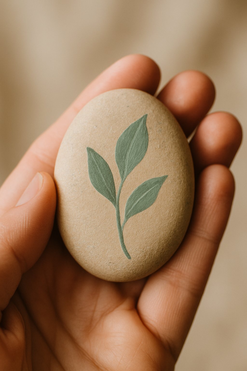 A hand holding a smooth painted river rock with a simple design.