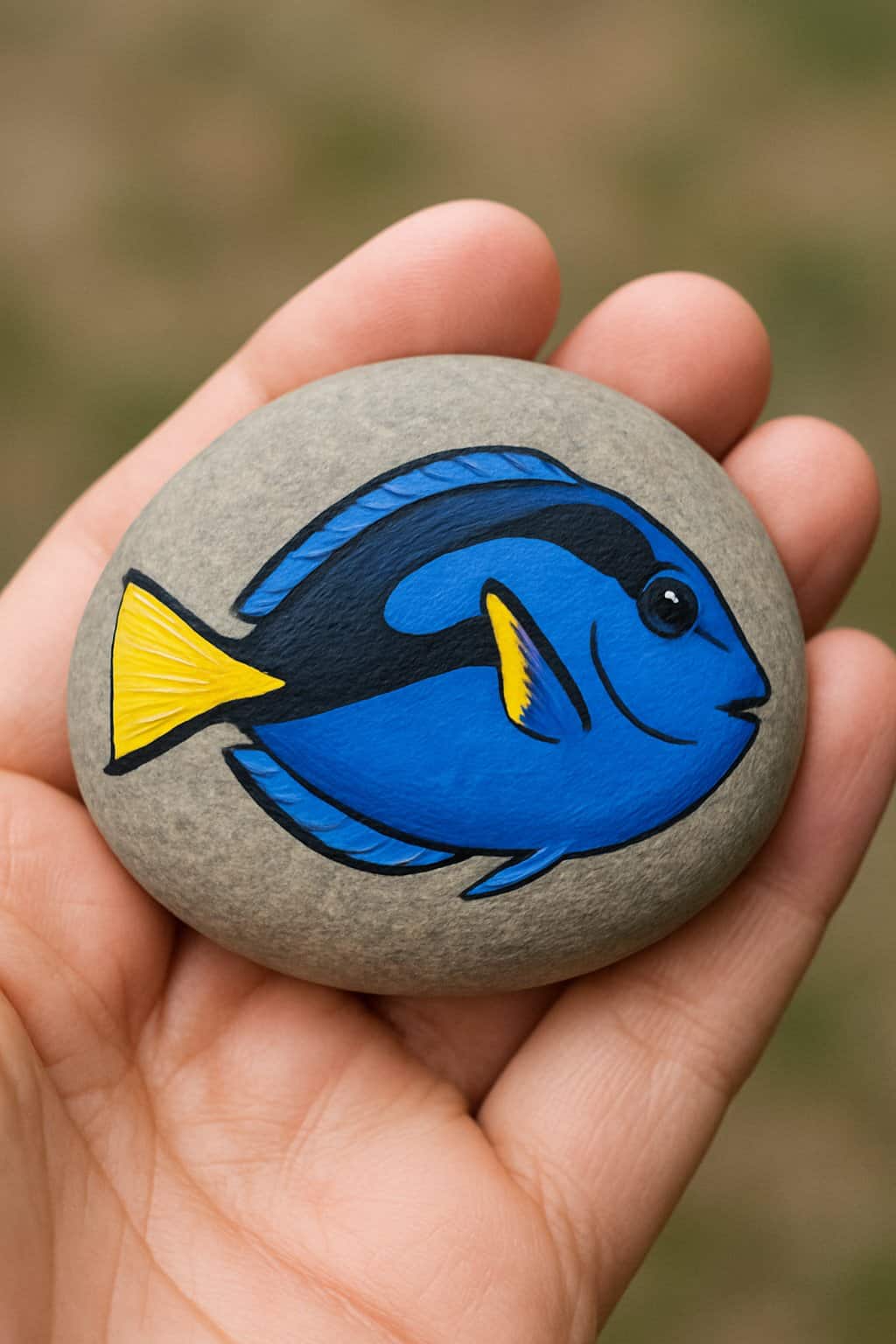A hand holding a smooth river rock painted with a blue tang fish featuring a yellow tail.