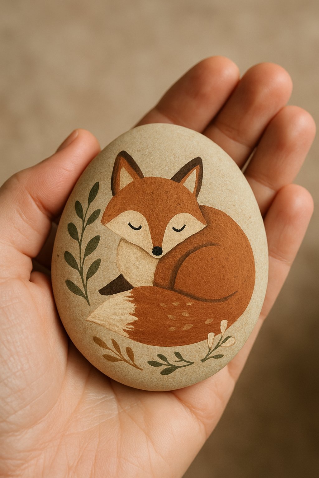 A hand holding a smooth painted river rock with a woodland animal design.