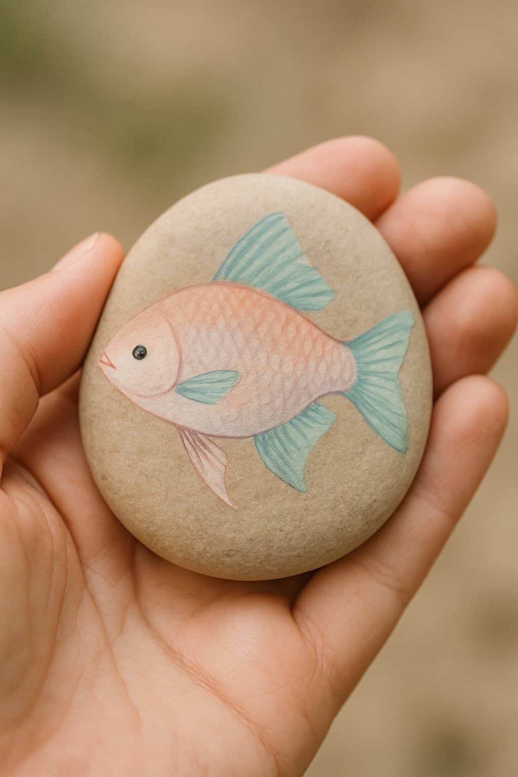 A hand holding a smooth river rock painted with a pastel-colored fish design.