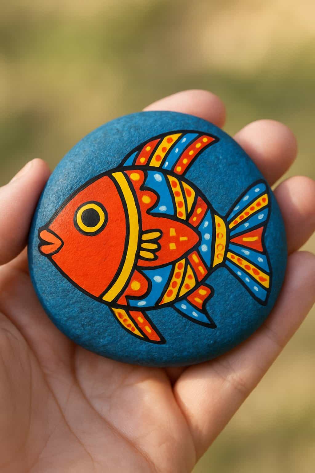 A hand holding a smooth river rock painted with a colorful fish design.