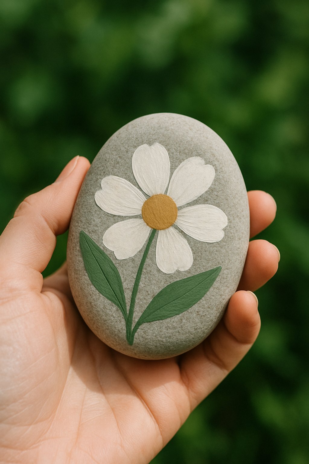 A hand holding a smooth painted river rock with a simple design against a blurred garden background.