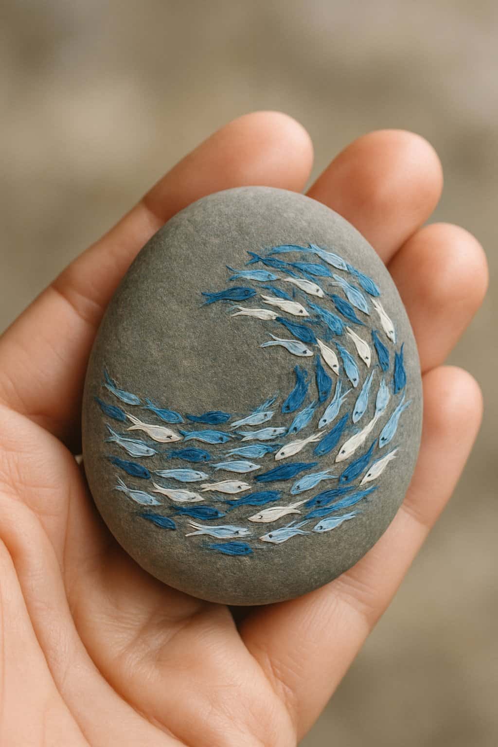 A hand holding a smooth river rock painted with a design of tiny fish forming a wave.