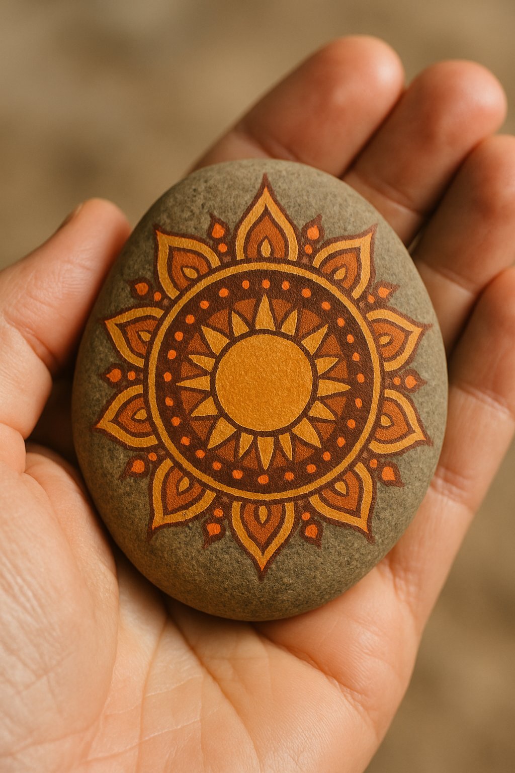 A hand holding a smooth river rock painted with a sun design.