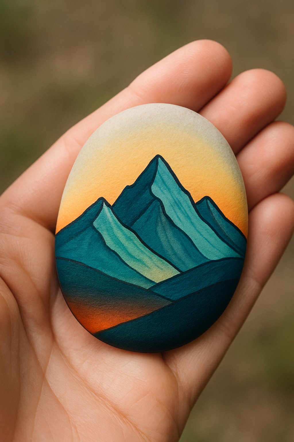 A hand holding a smooth river rock painted with a simple mountain range design.