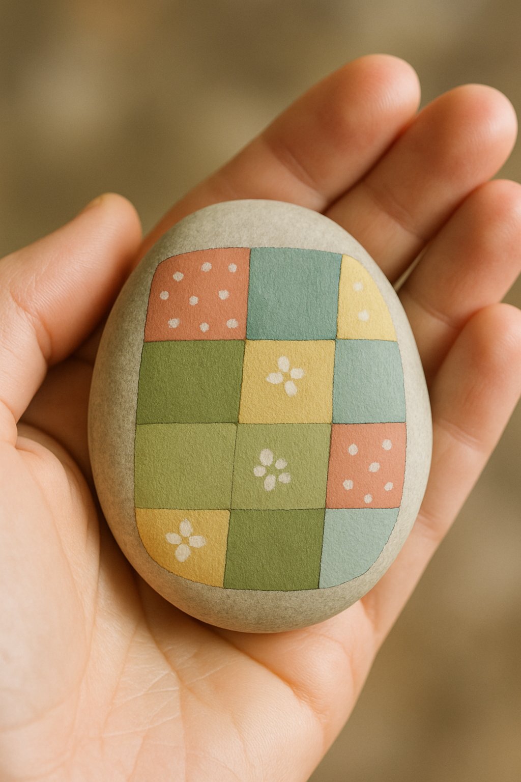 A hand holding a smooth river rock painted with a patchwork quilt pattern.