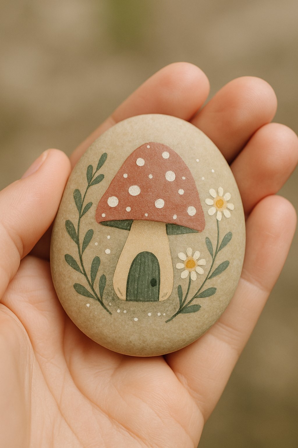A hand holding a smooth painted river rock with a simple design.