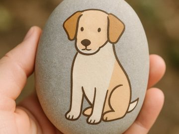 A hand holds a smooth gray stone painted with a simple, cute illustration of a light brown and beige dog sitting and facing forward. The background is blurred.