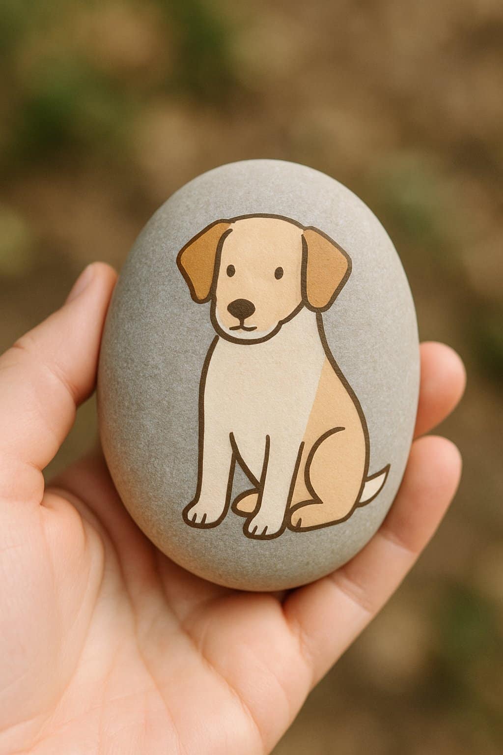 A hand holding a smooth river rock painted with a simple dog design.
