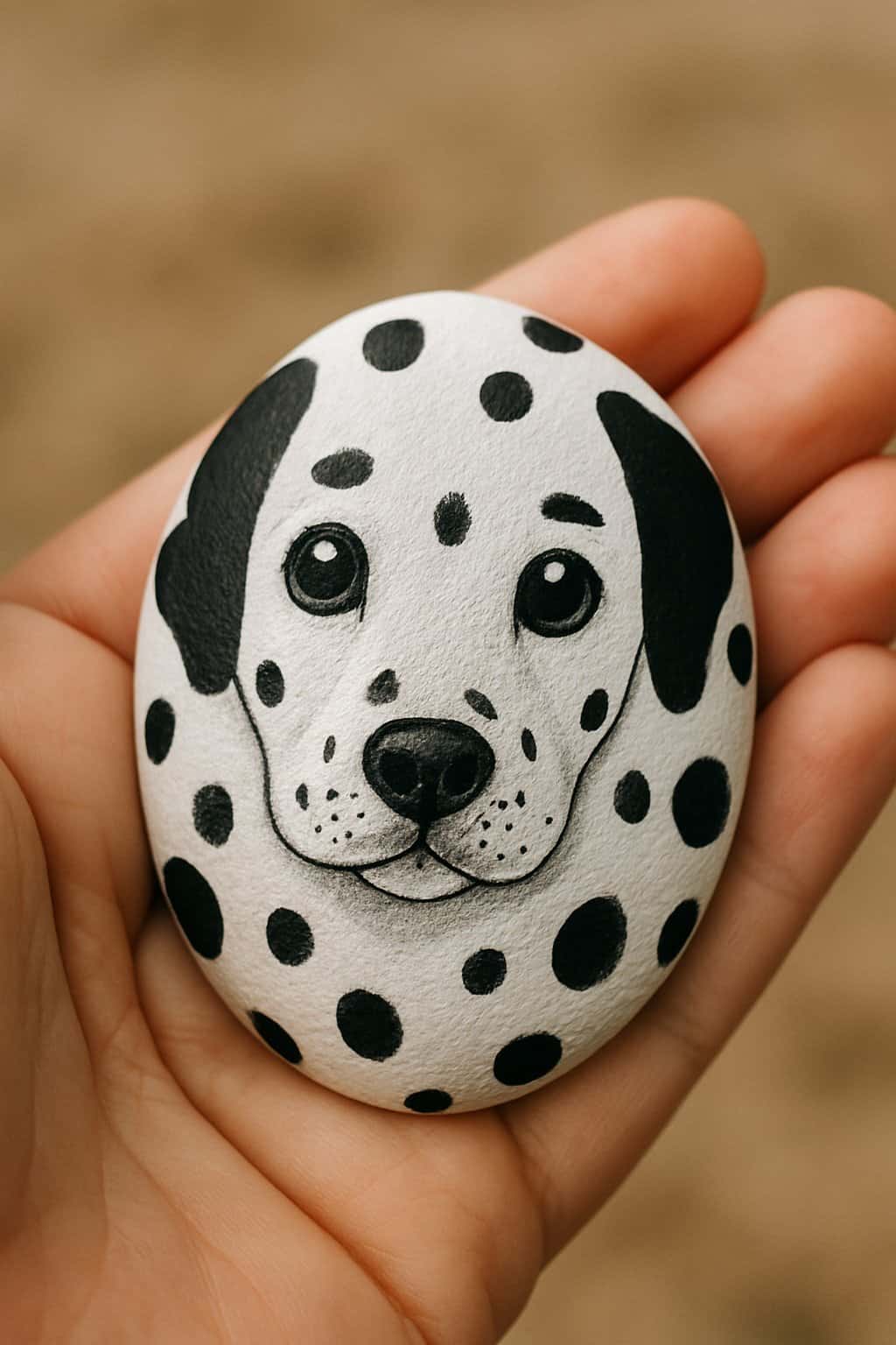 A hand holding a smooth river rock painted with black spots on a white background, resembling a Dalmatian dog.