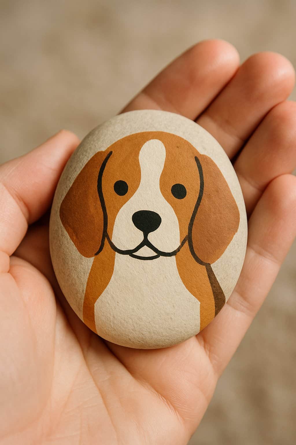 A hand holding a smooth river rock painted with a simple beagle dog design.