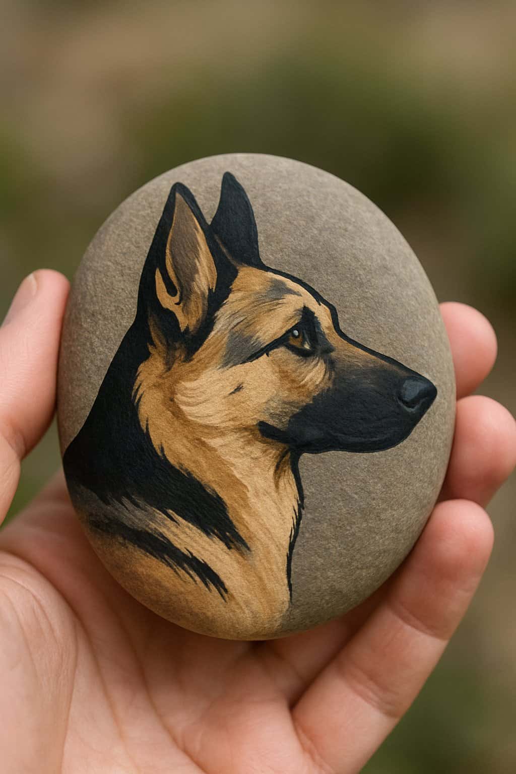 A hand holding a smooth river rock painted with the side profile of a German Shepherd dog.