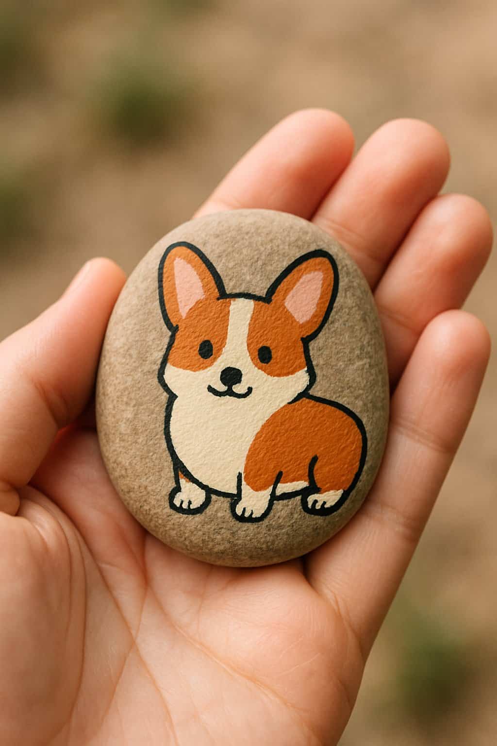 A hand holding a smooth river rock painted with a simple corgi dog design.