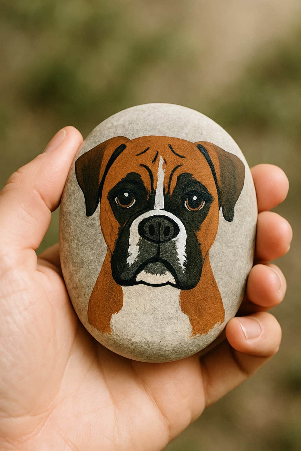 A hand holding a smooth river rock painted with the face of a Boxer dog.