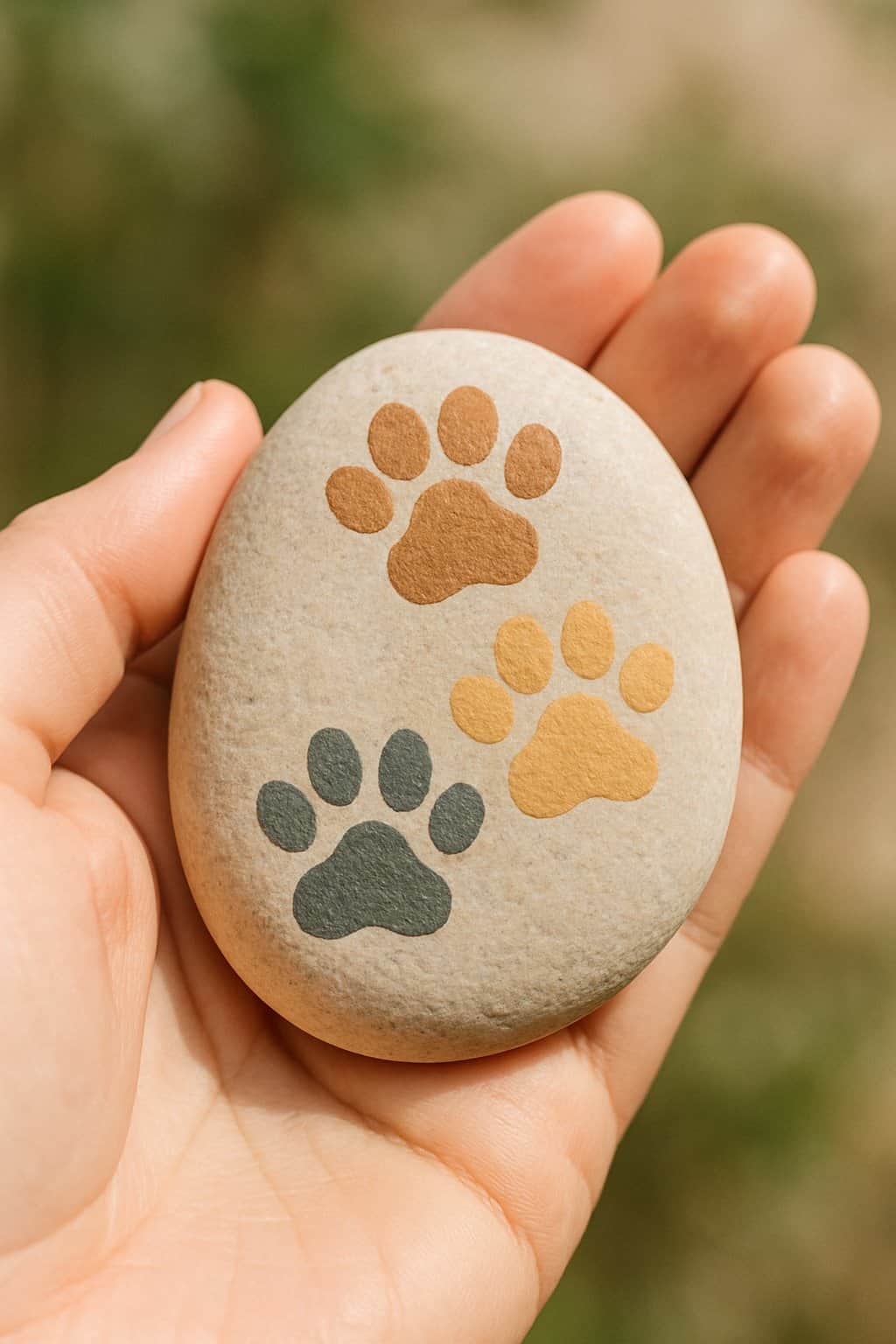 A hand holding a smooth river rock painted with puppy paw prints.